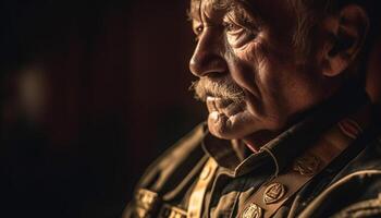 antiguo veterano con gris barba mirando grave generado por ai foto