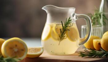 Fresh lemonade on rustic table with organic ingredients generated by AI photo