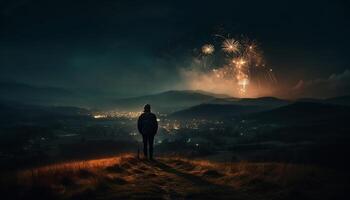 One person standing illuminated, admiring urban skyline generated by AI photo