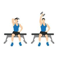 Man doing Seated Single arm overhead dumbbell tricep extensions exercise. vector