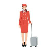 Young stewardess with suitcase. Young friendly air hostess in red uniform vector