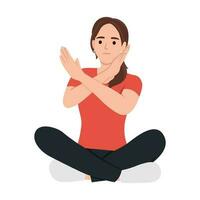 Angry woman sit crossed leg on the floor. with the crossed arms, no sign. Refuse gesture, negative expression vector