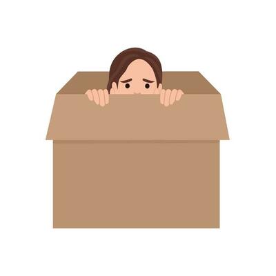 Young woman hiding in a carton box.