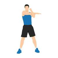 hombre haciendo en pie cruzar cuerpo brazo. hombro tramo ejercicio. vector