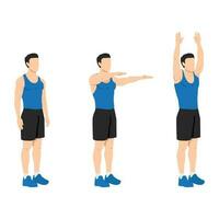 Man doing double arm front raises to overhead extension. vector