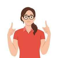 Excited young woman pointing fingers up at copy space isolated, ointing index fingers up commercial area vector