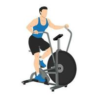 Man doing air bike training or assault bike cardio exercise. vector