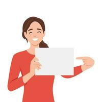 Young happy woman points to a blank template. vector