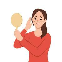 Unhappy shocked woman holding mirror in hand with scratched face bleeding. vector