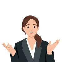 Woman feeling happiness concept. Young smiling woman cartoon character standing with hands stretched out, showing positive attitude and smiling vector