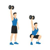 Man doing single or one arm overhead dumbbell squats exercise. vector