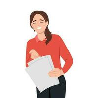 Business woman, student, clerk in office, advertising concept. Young businesswoman, girl clerk or manager company employee stands with documents, reports folder in office. Business advertising vector