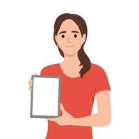 Happy businesswoman showing blank tablet computer screen. vector