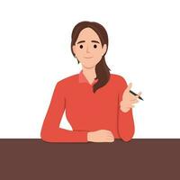 Business coach woman talking and explaining something to the viewer with pen on her hand vector