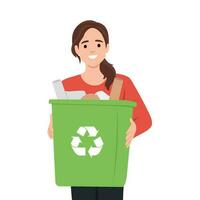 Smiling woman holding a trash can with plastic bottles separate waste collection and recycling concept vector