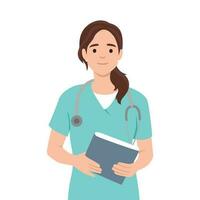 Young nurse in uniform holding notebook and pen to take notes, health worker intern woman standing and smiling vector