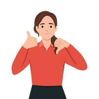 Young woman showing thumbs up and thumbs down, difficult choose vector
