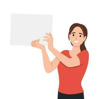 Beautiful young woman holding blank billboard with empty banner for copyspace advertising and announcement messages vector