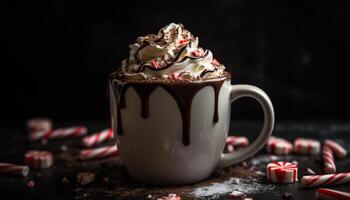 Hot chocolate with whipped cream and marshmallows generated by AI photo