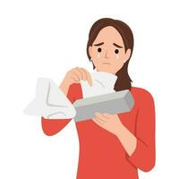 Watery eyed woman holding facial tissue box. Crying woman broken heart vector