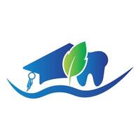 Tooth logo dental care with education cap and leaf vector illustration
