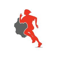 corriendo mujer lado vista. vector ilustración. con el icono de engranaje diente gris y naranja color.