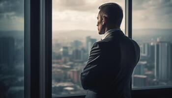 Confident businessman watching city sunset through window generated by AI photo