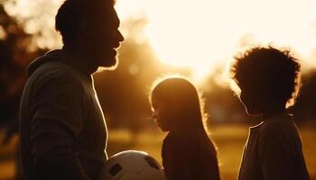 familia unión mediante fútbol, disfrutando el puesta de sol generado por ai foto