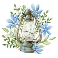 Vintage Lantern with blue Flowers. Hand drawn watercolor illustration of retro rusty Kerosene Lamp and wild plants on white isolated background. Drawing for greeting cards or invitations for travel vector