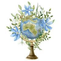 Vintage Globe with blue flowers. Hand drawn watercolor illustration with retro model of Earth and wild plants on white isolated background for science or education. Drawing of map for icon or logo. vector