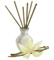 Diffuser with Vanilla flowers and Sticks. Hand drawn watercolor illustration on white isolated background. Drawing of refresher for fragrance and aroma therapy. Sketch of essential perfume for home vector