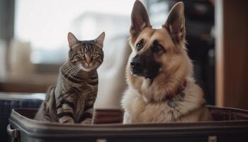 Purebred German Shepherd puppy sitting indoors, looking cute generated by AI photo