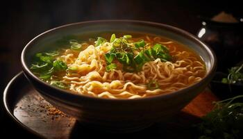 Healthy meal Ramen soup with fresh vegetables generated by AI photo