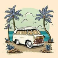 Vintage Car in Beach Summer Time Vector Illustration