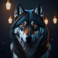 wolf in the night potrait with lantern on the background, photo