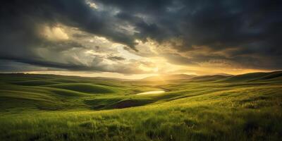 . . Photo realistic Illustration of green field grass hills landscape. Graphic Art