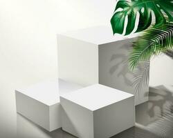 moderno blanco cuadrado etapa con tropical hojas en 3d ilustración vector