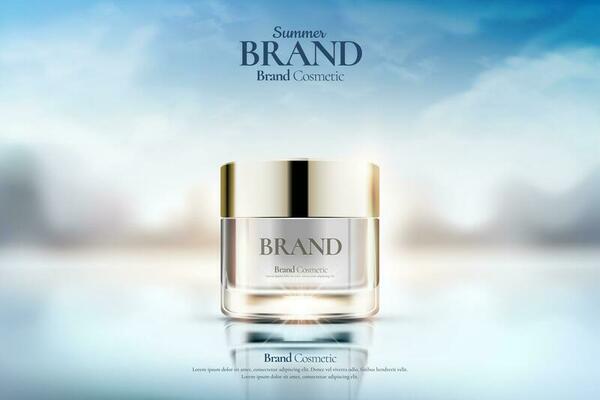 Cream jar cosmetic ads on clear bokeh background in 3d illustration