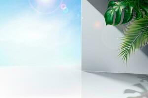 Summer clear blue sky and white wall background with tropical leaves in 3d illustration vector