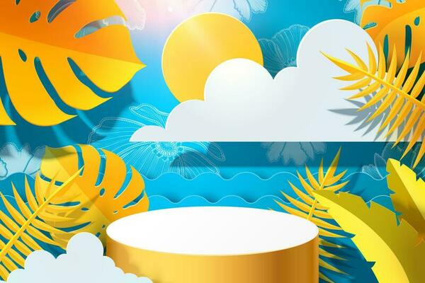 Paper art tropical foliage background with cylinder in yellow and blue tone, 3d illustration