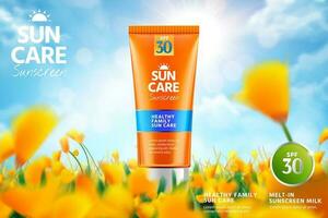 Orange sunscreen ads with product on beautiful bokeh yellow flower garden in 3d illustration vector