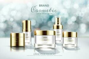 Skincare cosmetic set ads on silver glimmering bokeh background in 3d illustration vector