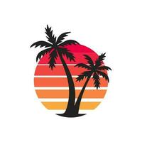 sunsets, beach and palm tree. style 80s, and 90s. Abstract background with a sunny gradient. Silhouettes of palm trees. Vector design template for logo, badges. Isolated white background.