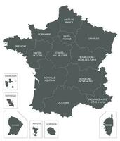 Vector map of France with regions and territories and administrative divisions. Editable and clearly labeled layers.