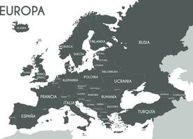 Political map of Europe in gray color with white background and the names of the countries in Spanish. Vector illustration