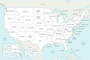 Vector map of USA with states and administrative divisions, and neighbouring countries. Editable and clearly labeled layers.