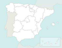 Vector blank map of Spain with regions and territories and administrative divisions, and neighbouring countries. Editable and clearly labeled layers.