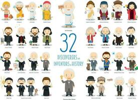 Kids Vector Characters Collection. Set of 32 great Discoverers and Inventors of History in cartoon style.