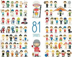 Set of 81 different sports in cartoon style. Kids characters vector illustration