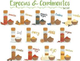 Set of 13 different culinary species and condiments in cartoon style. Set 1 of 2. Spanish names. vector